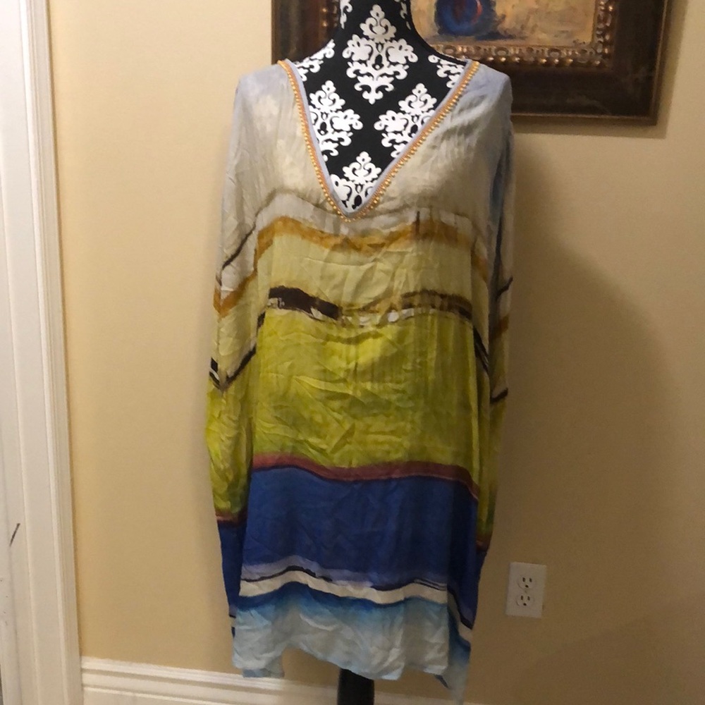 blank London beaded v-neck tie dye wide semi-sheer caftan coverup